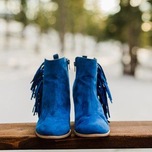 Qupid Royal Blue Faux Suede  Bootie w/ Fringe SZ 9